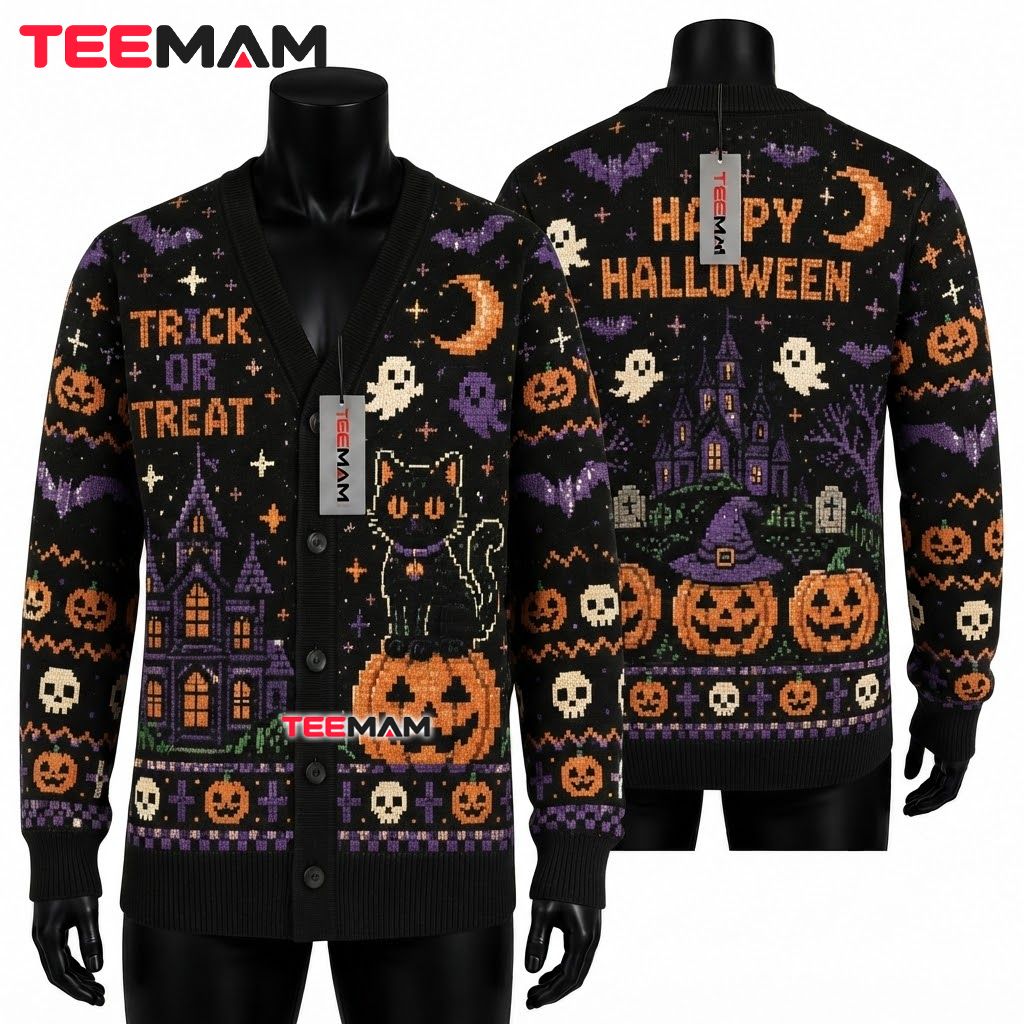 Happy Halloween Cardigan Black Cat House 1