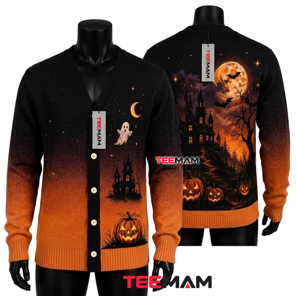 Haunted Castle Halloween Cardigan Full Moon Pumpkin 1