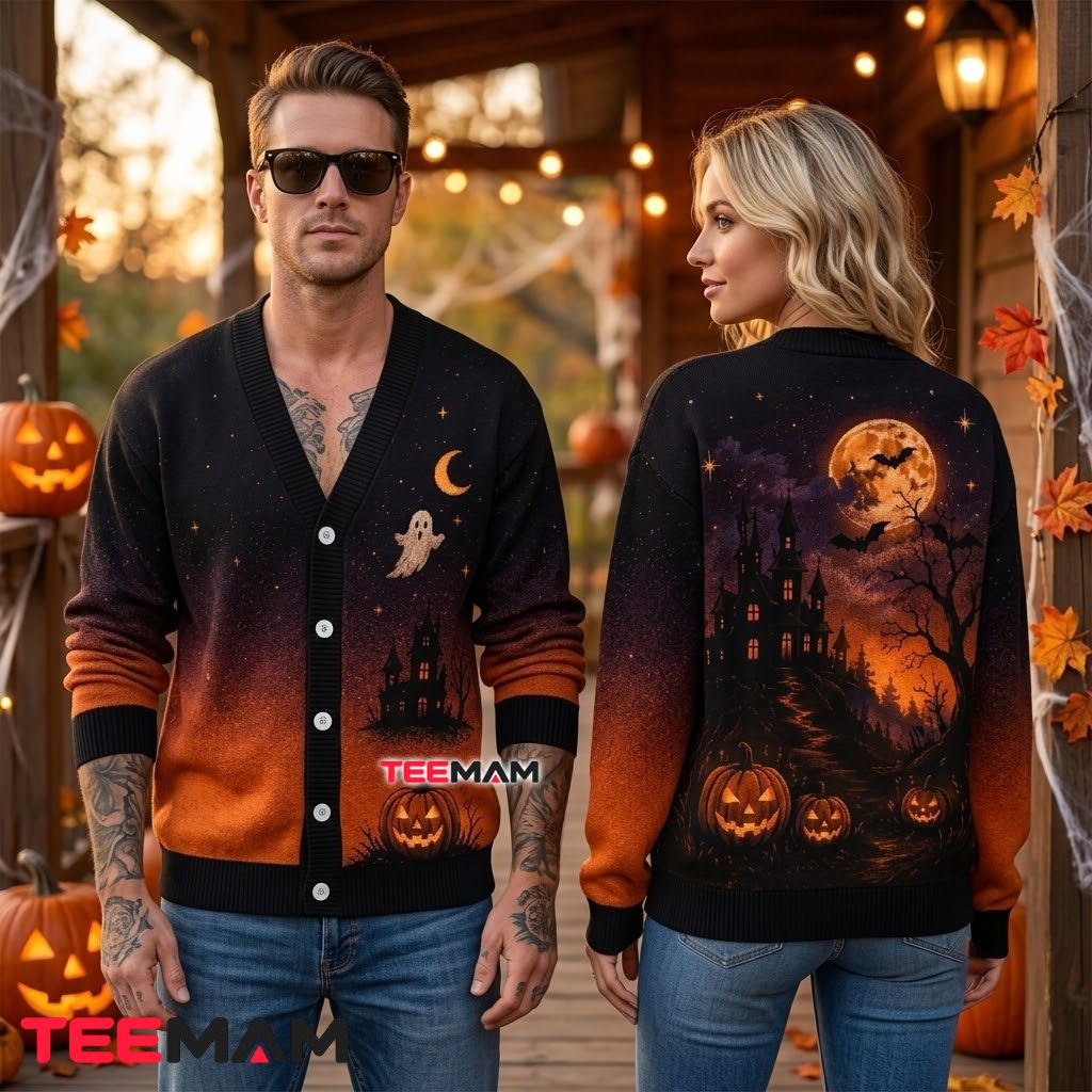 Haunted Castle Halloween Cardigan Full Moon Pumpkin 2 Haunted Castle Halloween Cardigan Full Moon Pumpkin 2