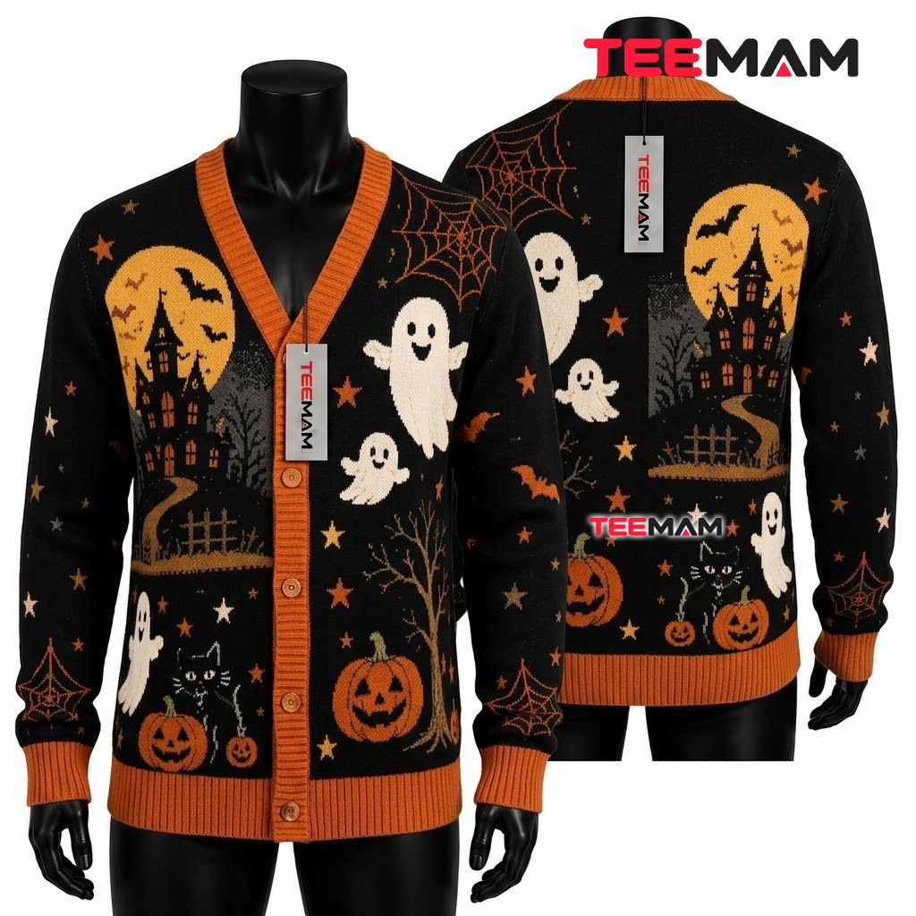 Haunted Halloween Cardigan Ghost House Pumpkin 1