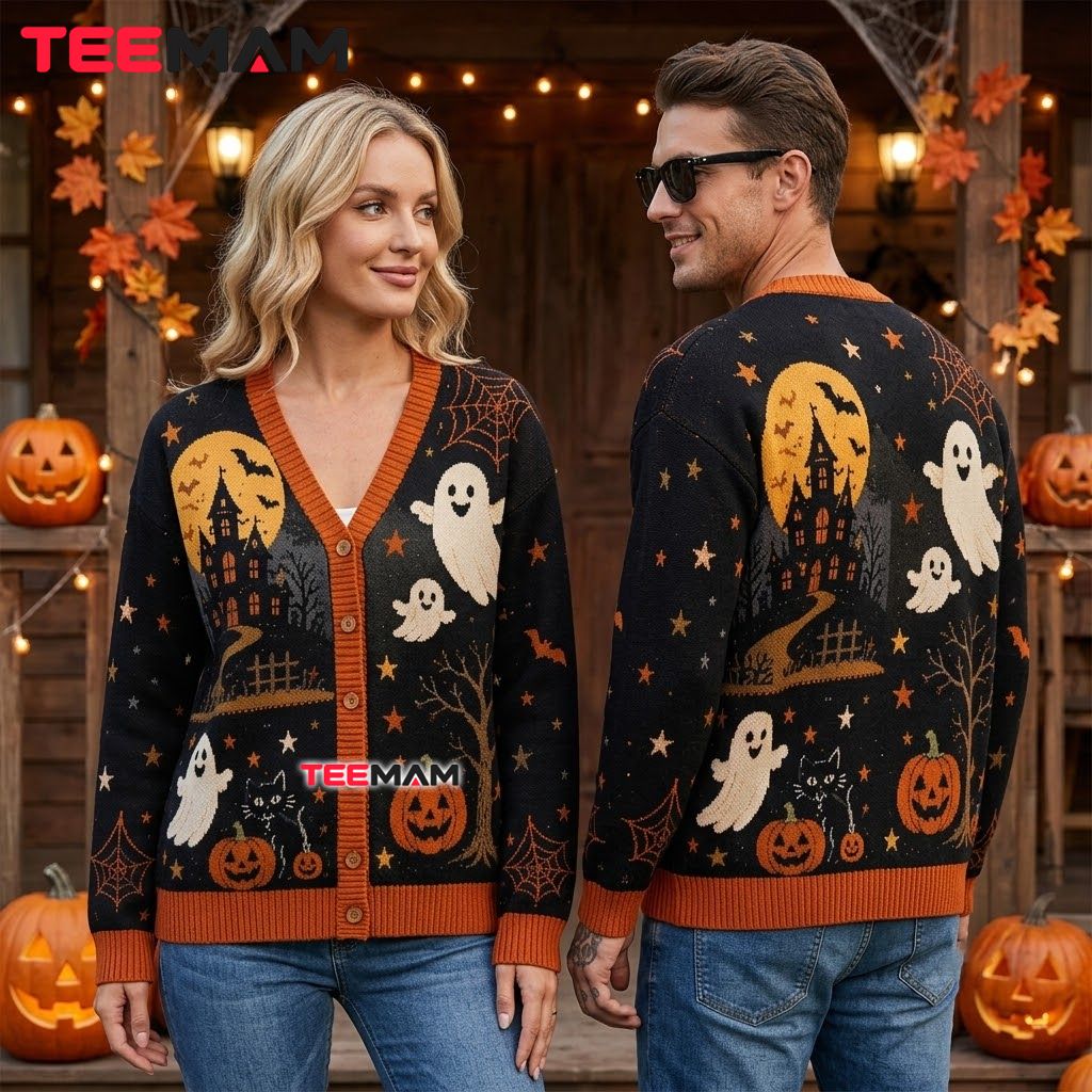 Haunted Halloween Cardigan Ghost House Pumpkin 2 Haunted Halloween Cardigan Ghost House Pumpkin 2