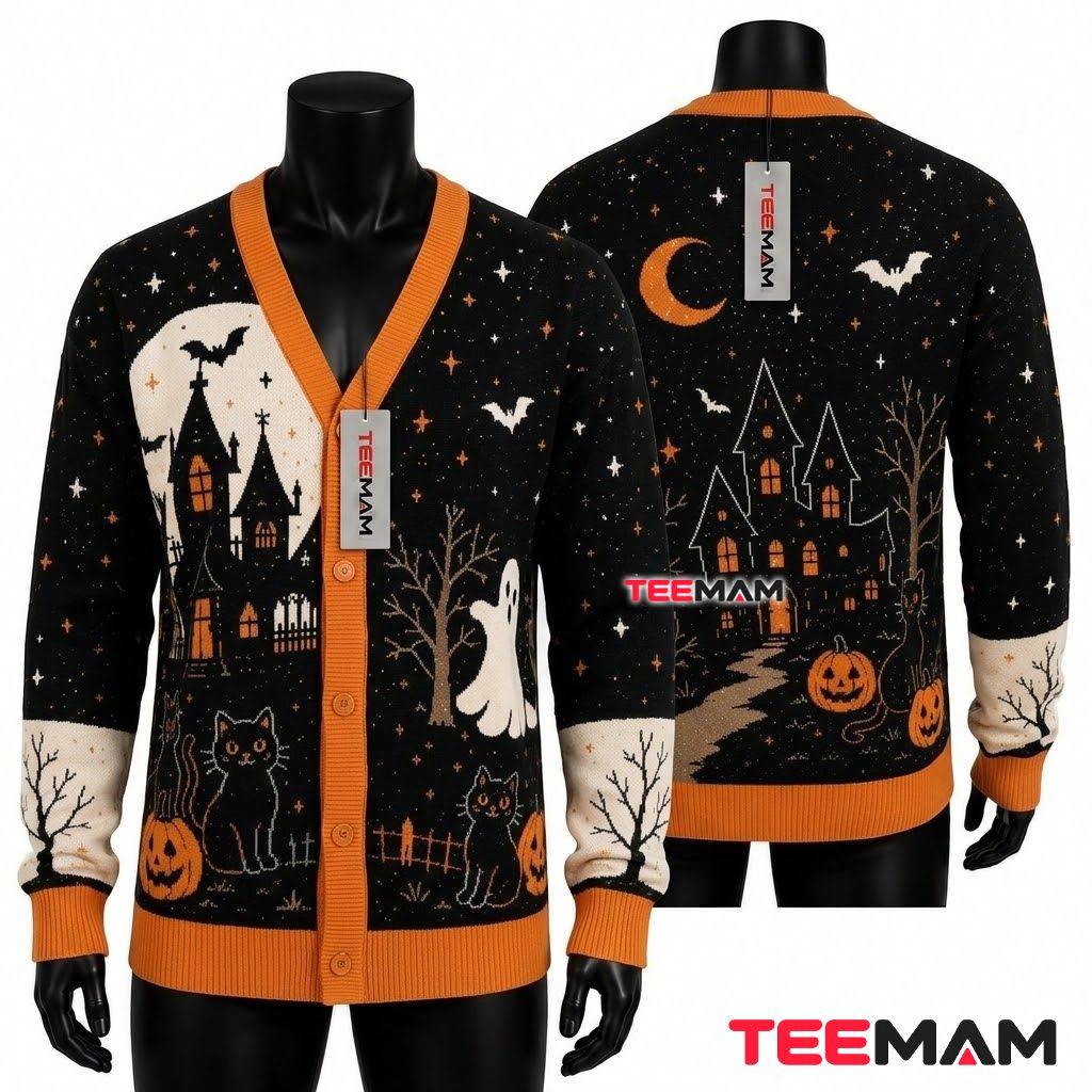 Haunted House Halloween Cardigan Black Cat Path 1