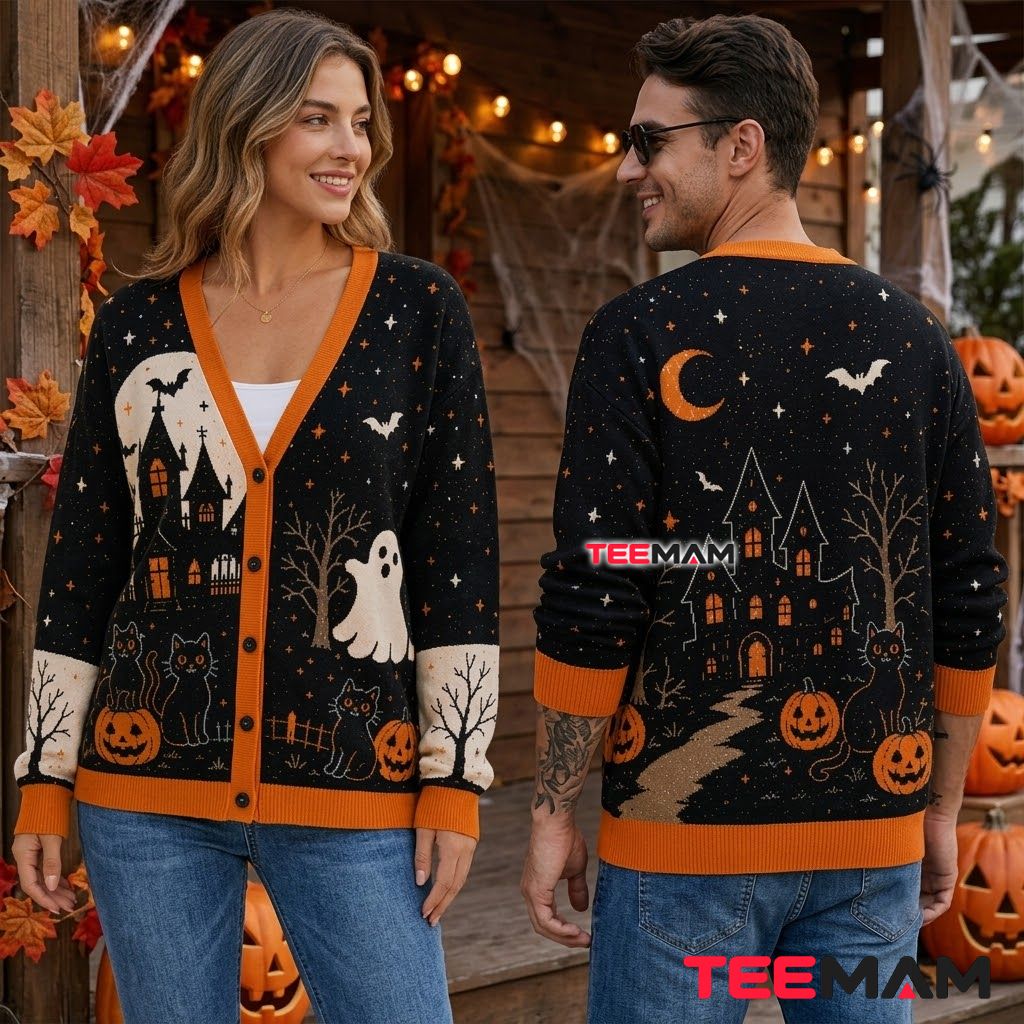 Haunted House Halloween Cardigan Black Cat Path 2 Haunted House Halloween Cardigan Black Cat Path 2