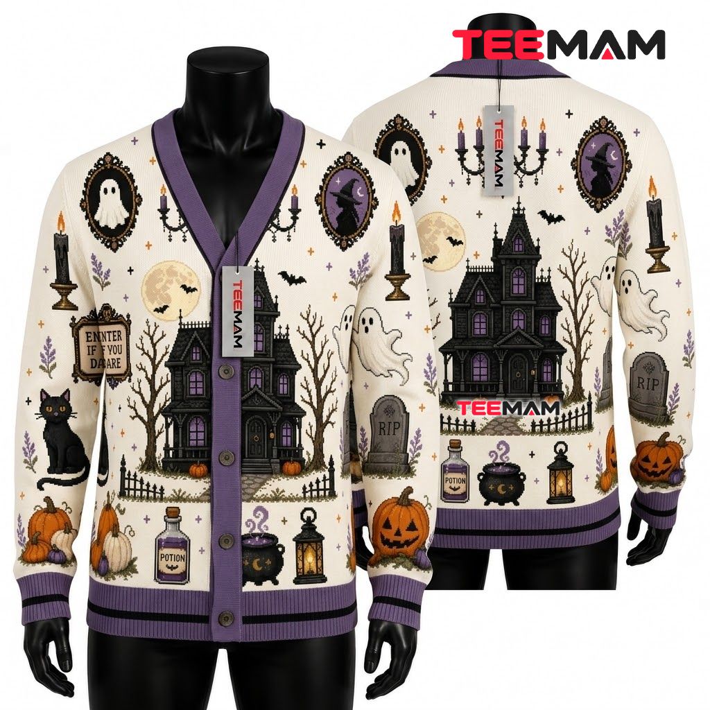 Haunted House Halloween Cardigan Enter If Dare 1