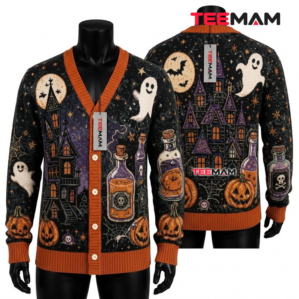Haunted House Halloween Cardigan Potion Bottle 1