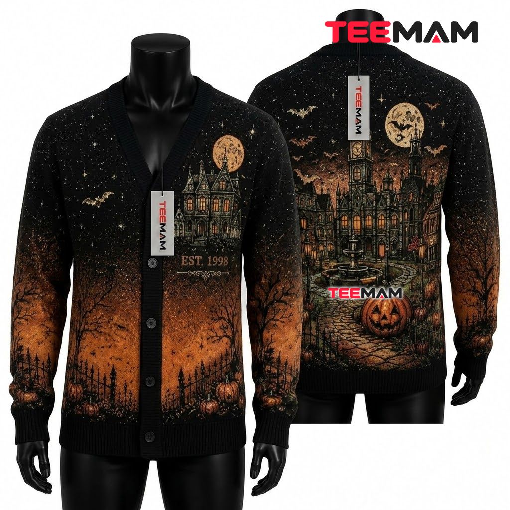 Haunted Village Halloween Cardigan Clocktower Fountain 1