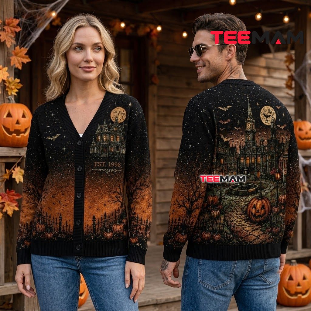 Haunted Village Halloween Cardigan Clocktower Fountain 2 Haunted Village Halloween Cardigan Clocktower Fountain 2
