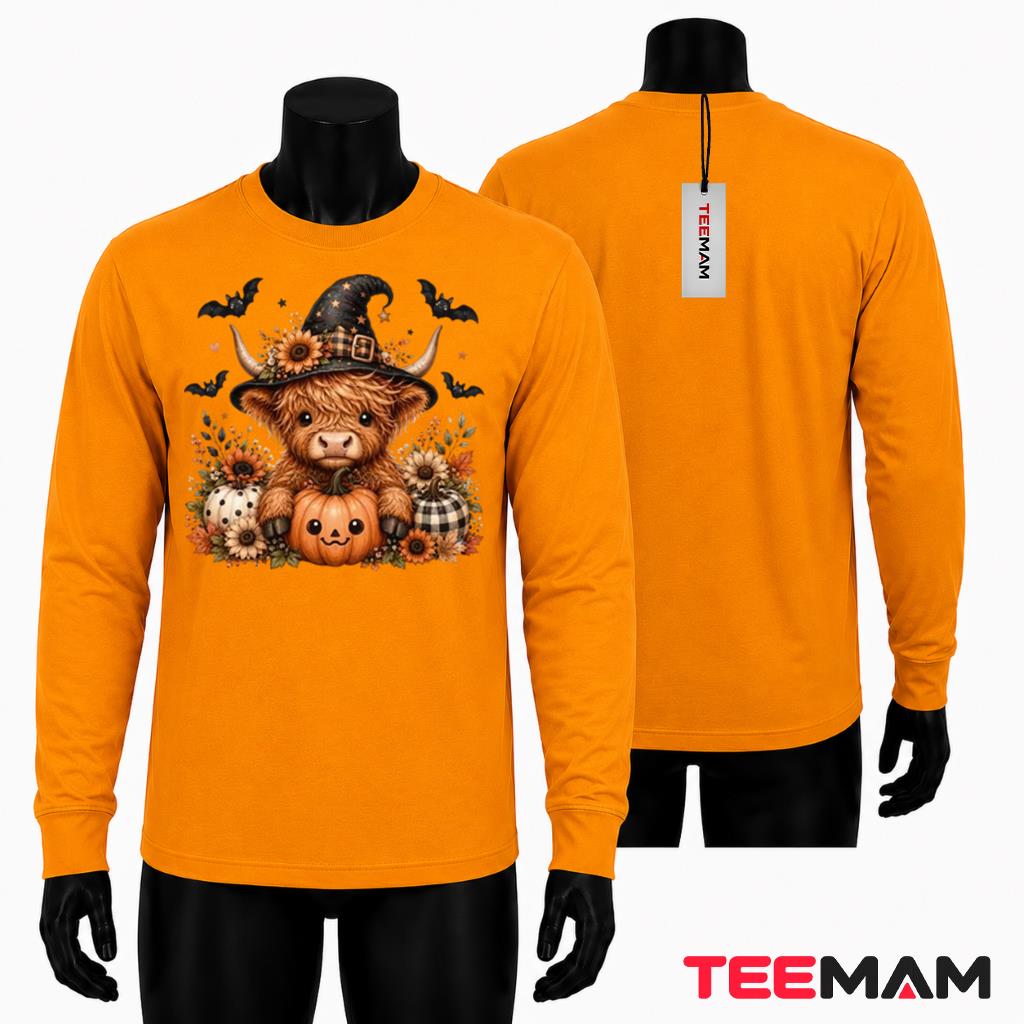 Highland Cow Halloween Long Sleeve Witch Hat Pumpkin Spooky Highland Cow Halloween Long Sleeve Witch Hat Pumpkin Spooky