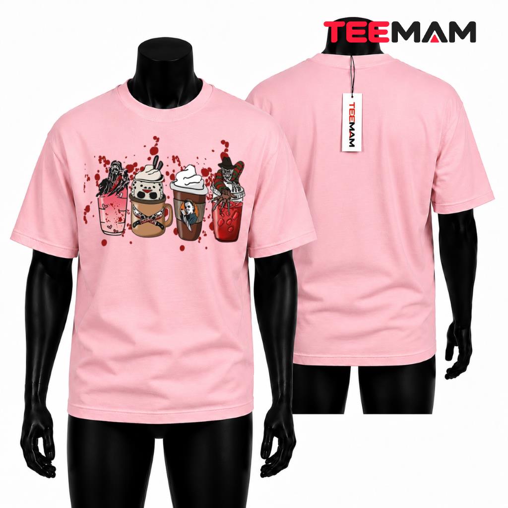 Horror Movie Characters Halloween T-Shirt Bloody Coffee Cups