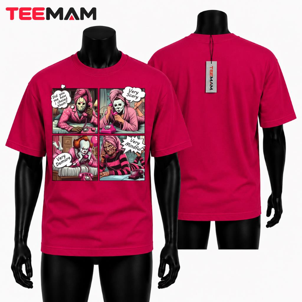 Horror Movie Characters Halloween T-Shirt Very Demure Very Mindful Slumber Party