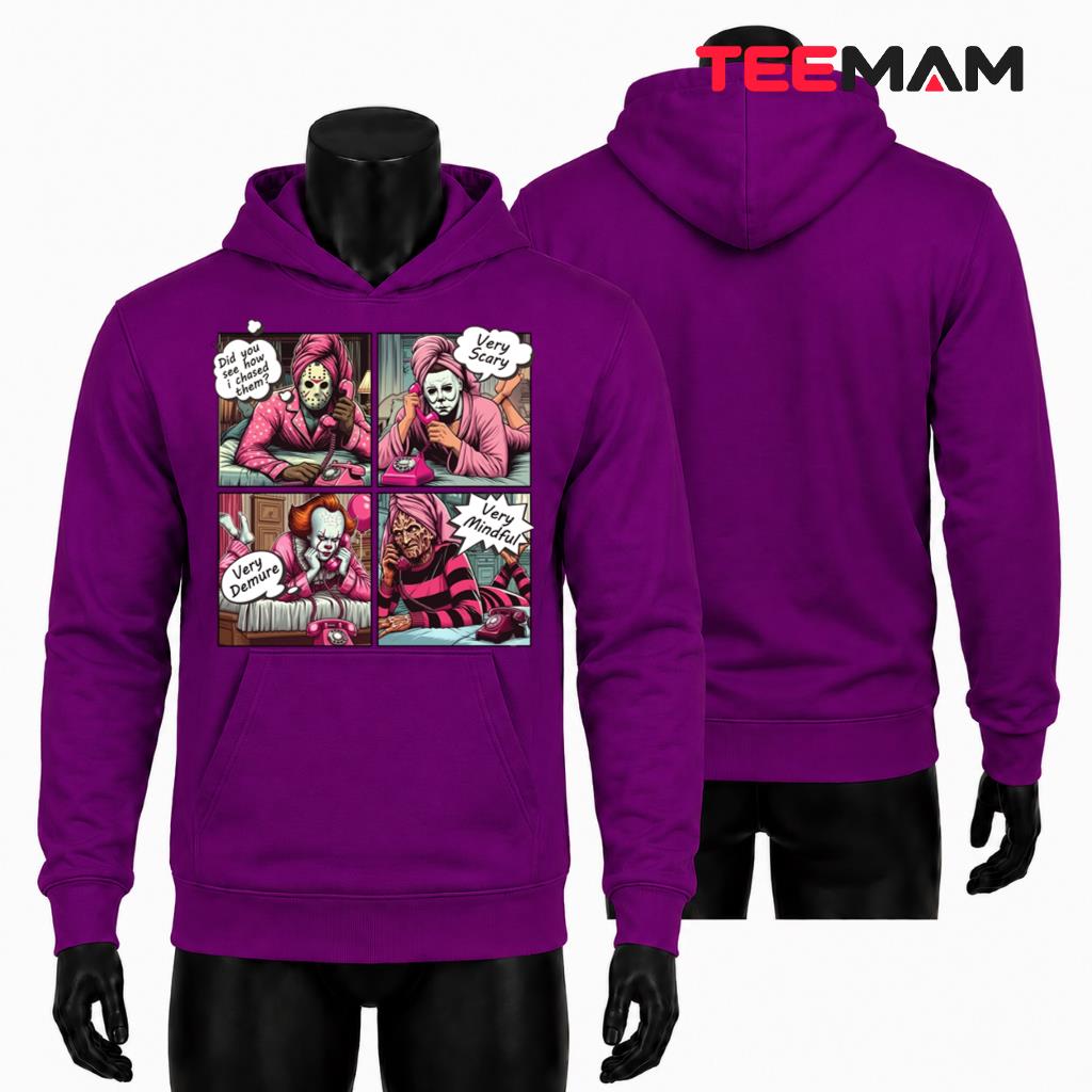 Horror Movie Characters Halloween Hoodie Very Demure Very Mindful Slumber Party Horror Movie Characters Halloween Hoodie Very Demure Very Mindful Slumber Party