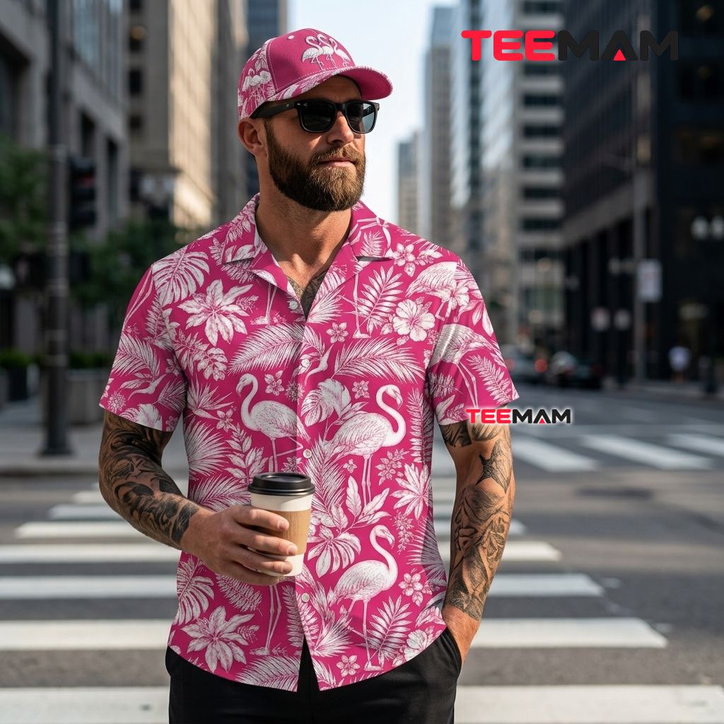 Hot Pink Flamingo Hawaiian Shirt Tropical Leaves White Floral Back Hot Pink Flamingo Hawaiian Shirt Tropical Leaves White Floral Back