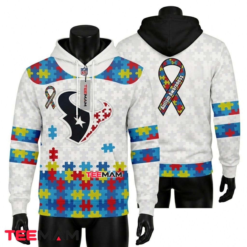 Houston Texans 3D Hoodie Autism Awareness Puzzle Design Front