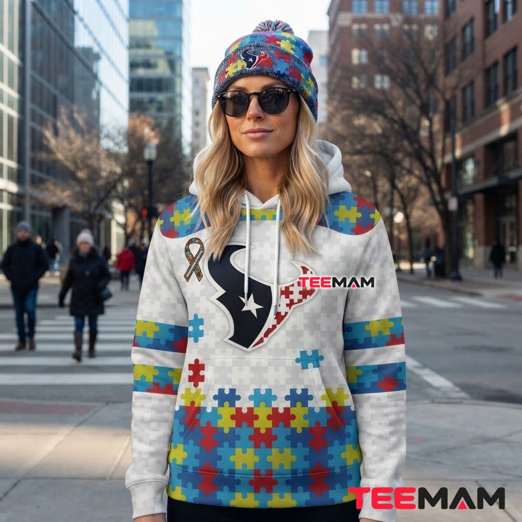 Houston Texans 3D Hoodie Autism Awareness Puzzle Design Back Houston Texans 3D Hoodie Autism Awareness Puzzle Design Back