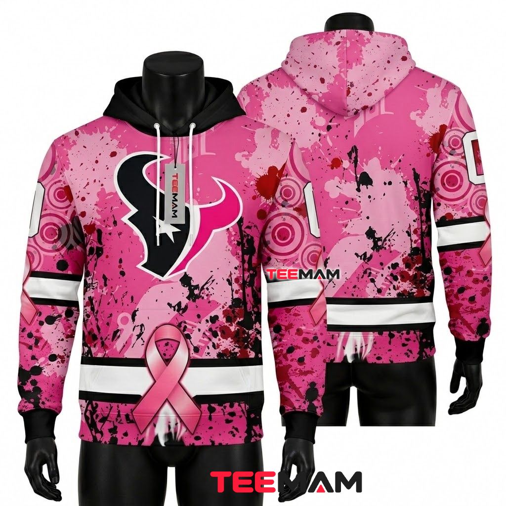 Houston Texans 3D Hoodie Breast Cancer Awareness Pink Design Front