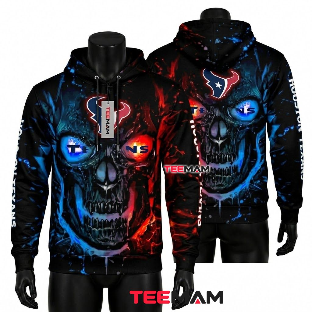 Houston Texans 3D Hoodie Fire Ice Skull Design Front