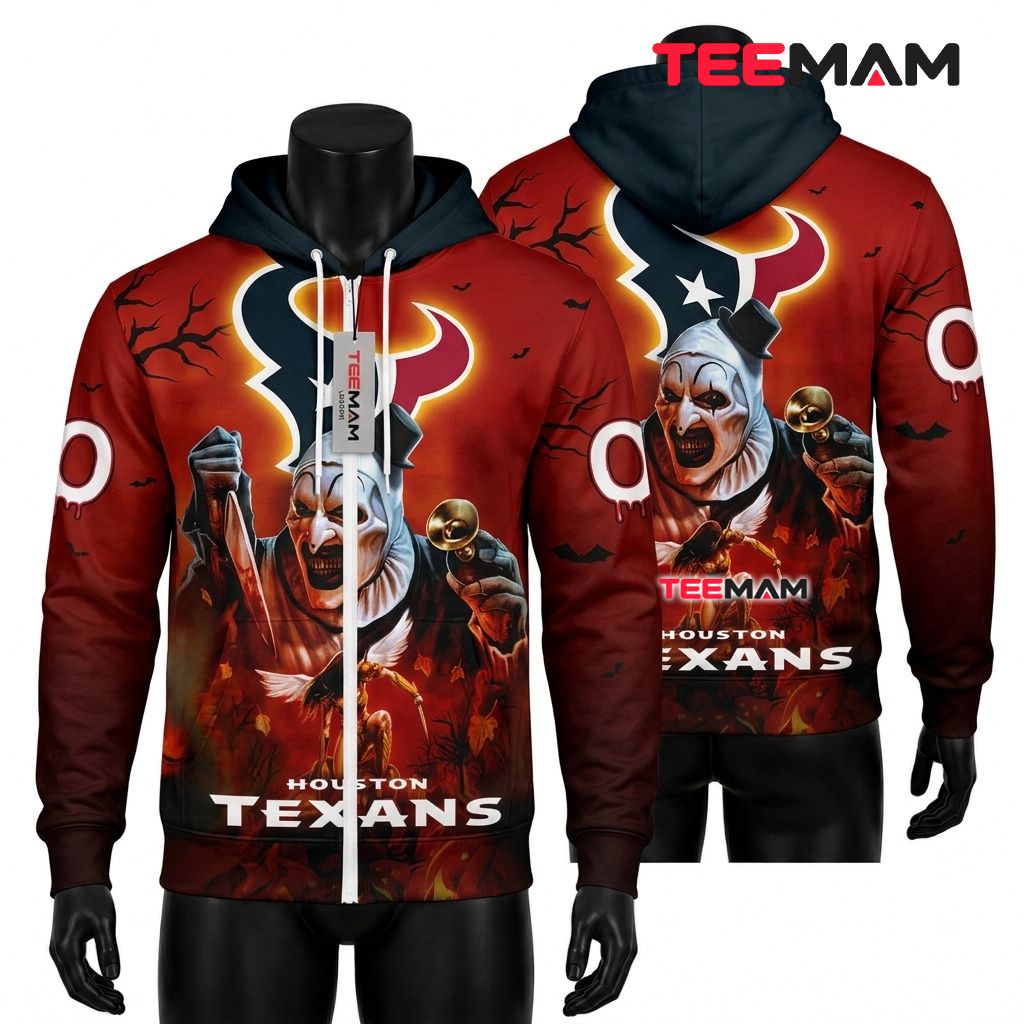 Houston Texans 3D Hoodie Halloween Killer Clown Design Front