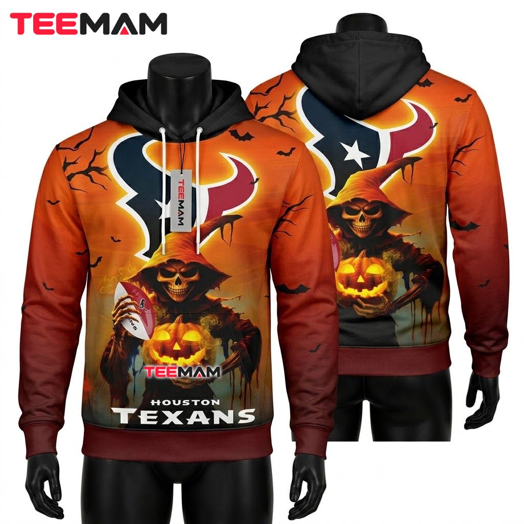 Houston Texans 3D Hoodie Halloween Skull Reaper Pumpkin Front