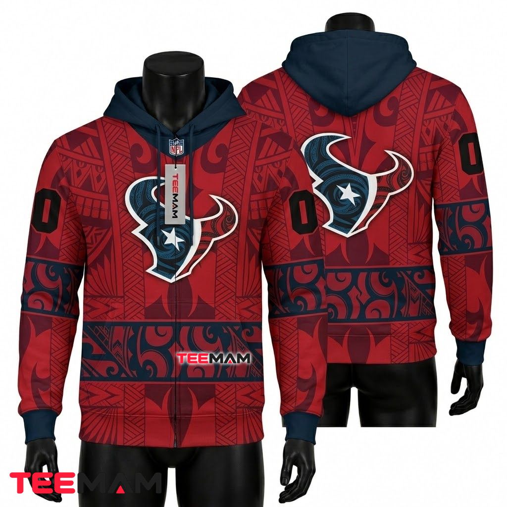 Houston Texans 3D Hoodie Polynesian Tribal Pattern Front