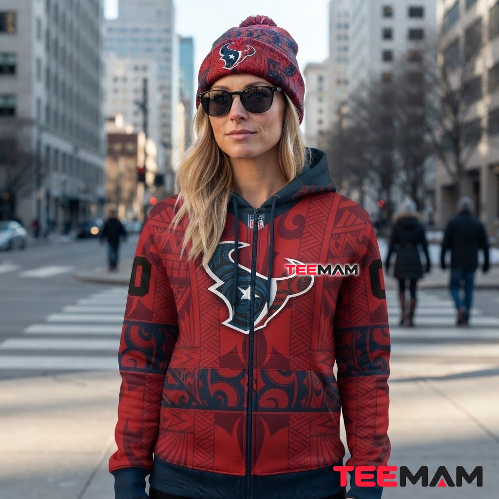 Houston Texans 3D Hoodie Polynesian Tribal Pattern Back Houston Texans 3D Hoodie Polynesian Tribal Pattern Back