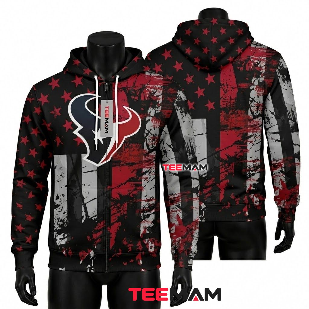 Houston Texans 3D Hoodie Star Flag Splash Design Front