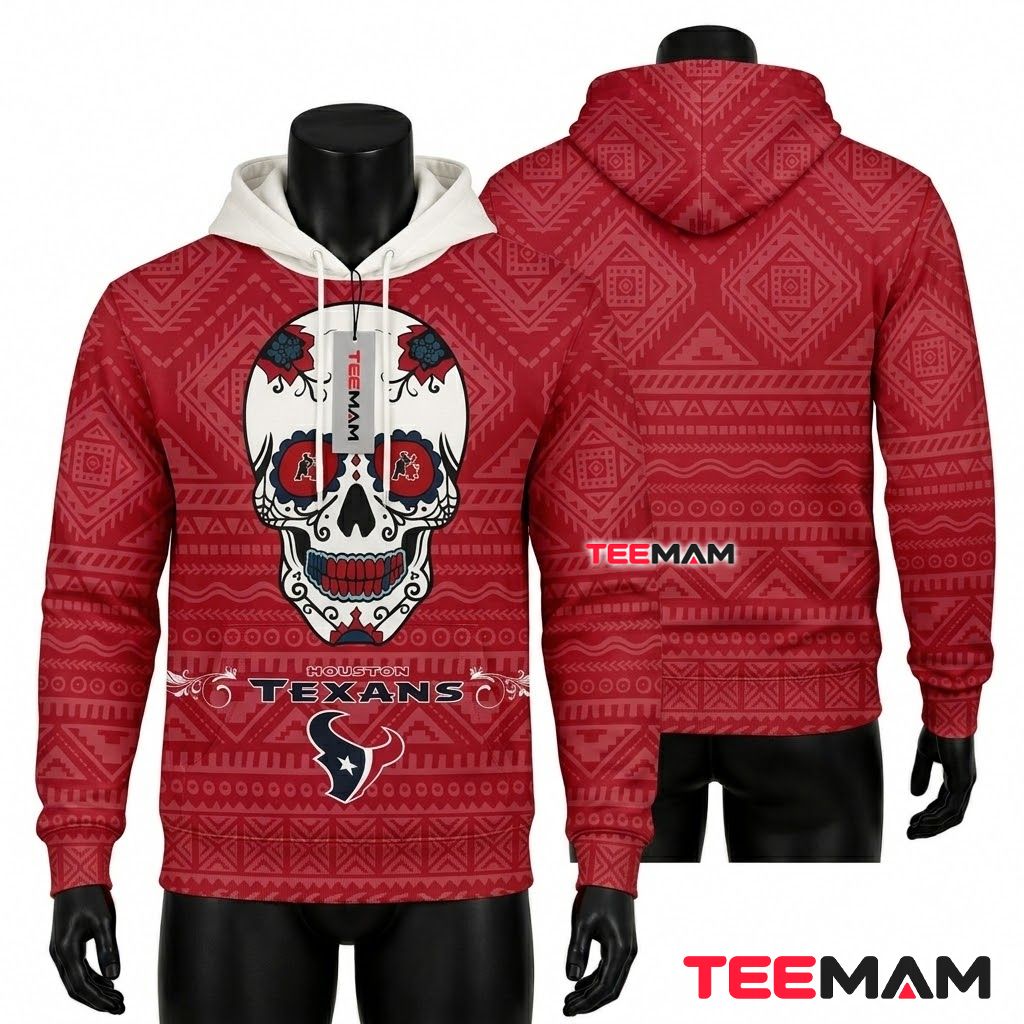 Houston Texans 3D Hoodie Sugar Skull Aztec Pattern Front