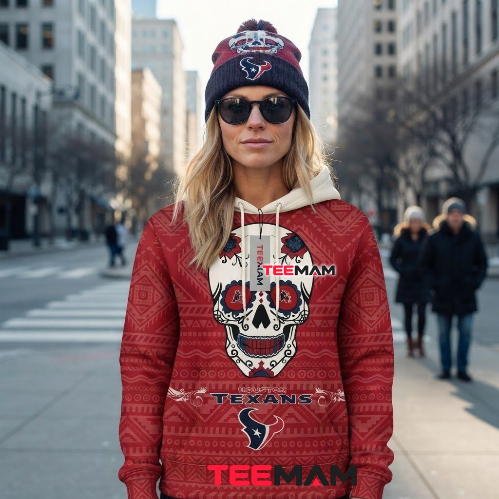 Houston Texans 3D Hoodie Sugar Skull Aztec Pattern Back Houston Texans 3D Hoodie Sugar Skull Aztec Pattern Back