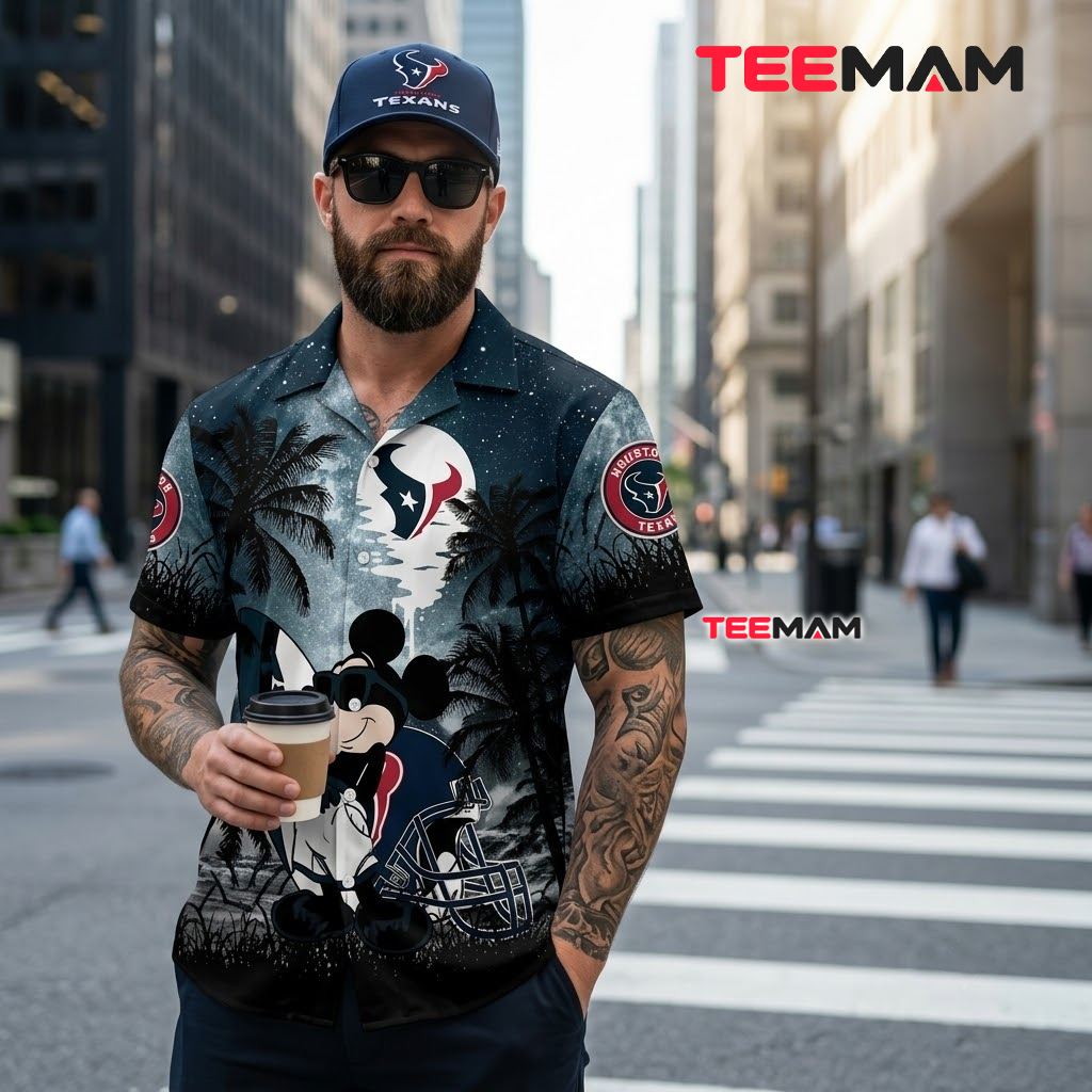 Houston Texans Aloha Shirt Mickey Mouse Surfing Beach Sunset Back Houston Texans Aloha Shirt Mickey Mouse Surfing Beach Sunset Back