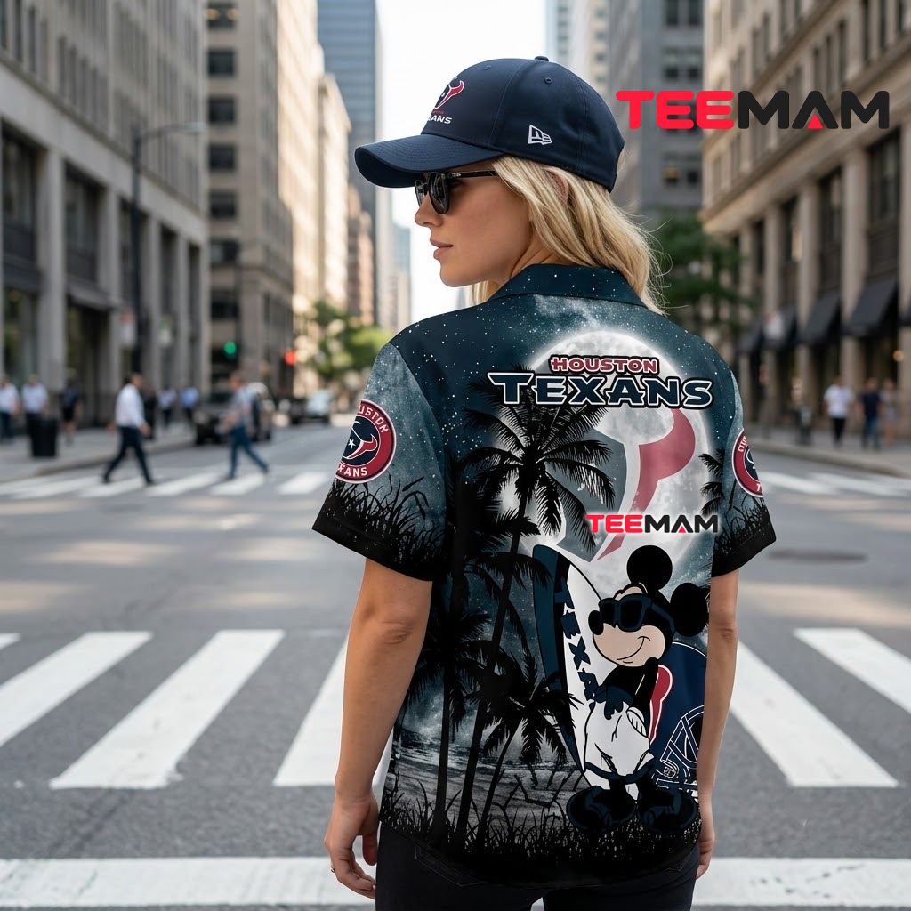 Houston Texans Aloha Shirt Mickey Mouse Surfing Beach Sunset Version 3 Houston Texans Aloha Shirt Mickey Mouse Surfing Beach Sunset Version 3