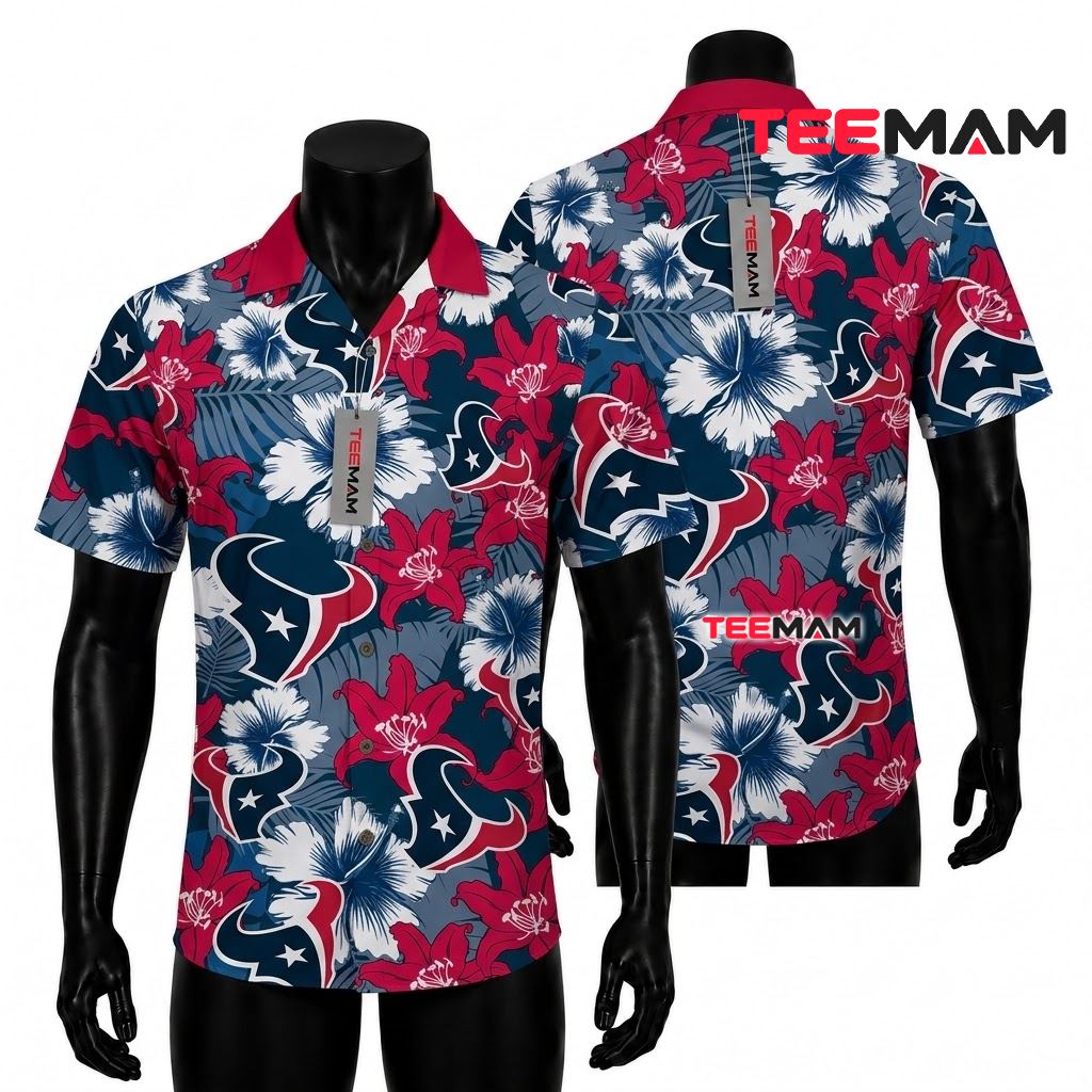 Houston Texans Button Up Shirt Hibiscus Floral Pattern Logo Front