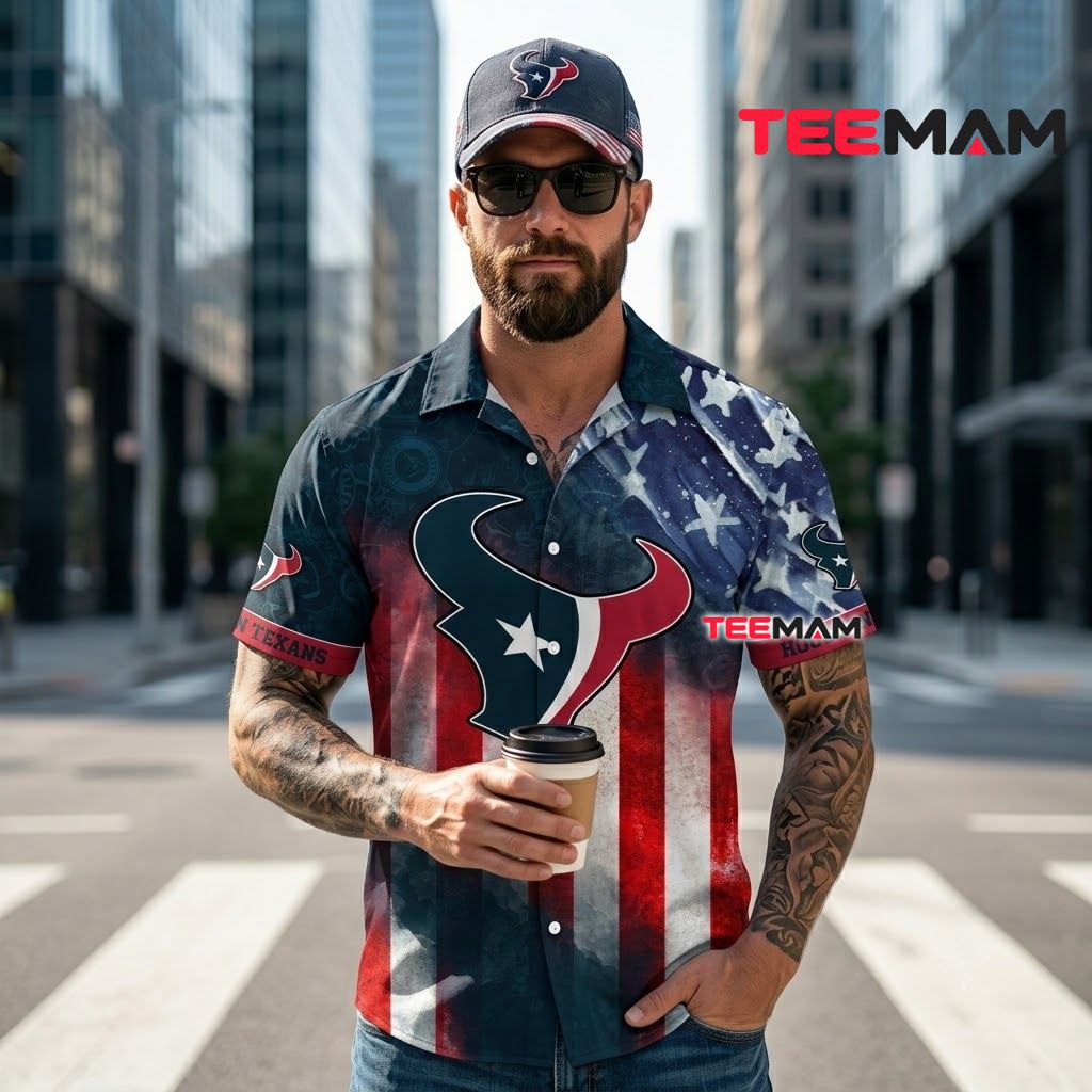 Houston Texans Hawaiian Shirt Happy 4th Of July American Flag Design Back Houston Texans Hawaiian Shirt Happy 4th Of July American Flag Design Back