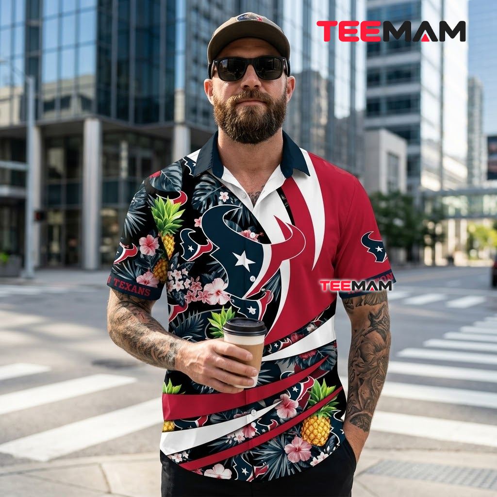 Houston Texans Hawaiian Shirt Pineapple Tropical Ribbon Swirl Back Houston Texans Hawaiian Shirt Pineapple Tropical Ribbon Swirl Back