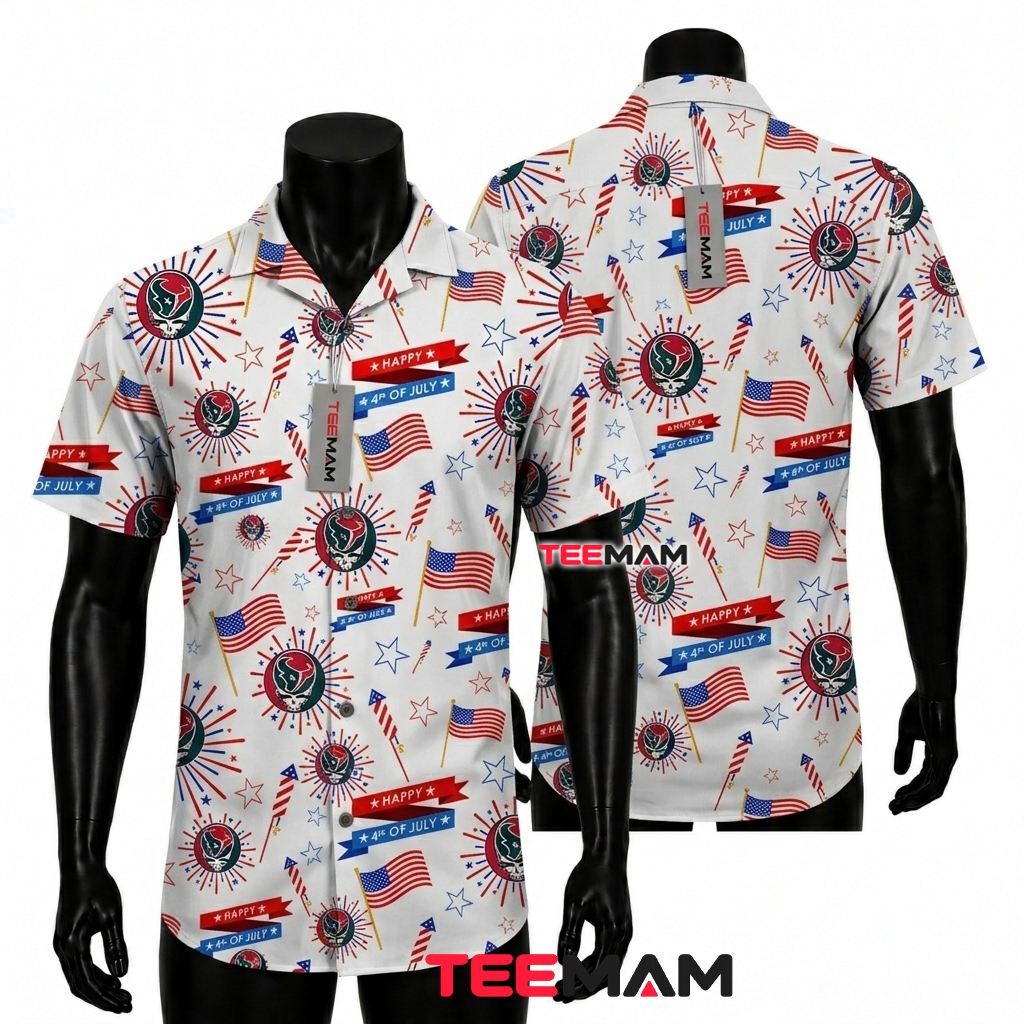 Houston Texans Hawaiian Shirt Skull Firework White Patriotic Front