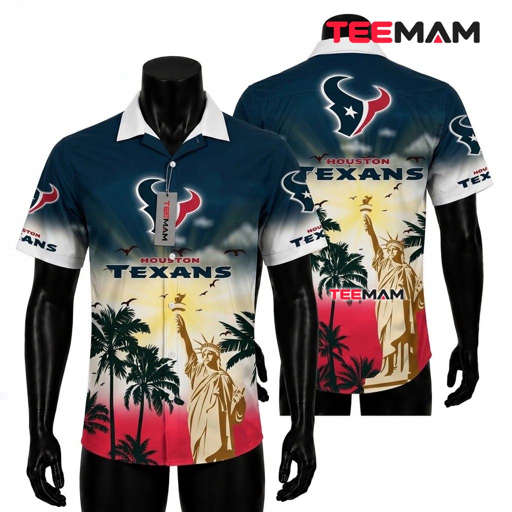 Houston Texans Hawaiian Shirt Statue Liberty Sunset Silhouette Front