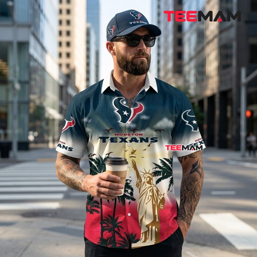 Houston Texans Hawaiian Shirt Statue Liberty Sunset Silhouette Back Houston Texans Hawaiian Shirt Statue Liberty Sunset Silhouette Back