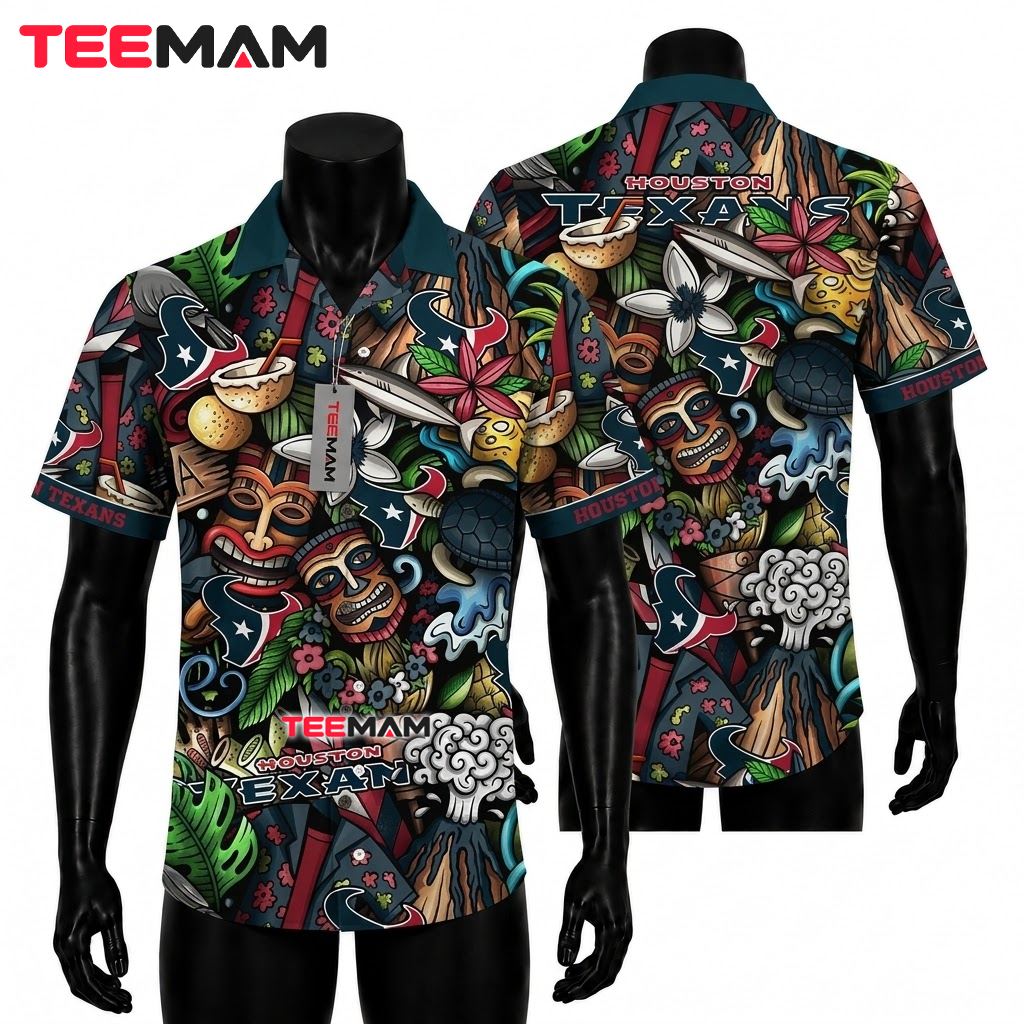Houston Texans Hawaiian Shirt White Hibiscus Vertical Stripe Houston Texans Hawaiian Shirt White Hibiscus Vertical Stripe