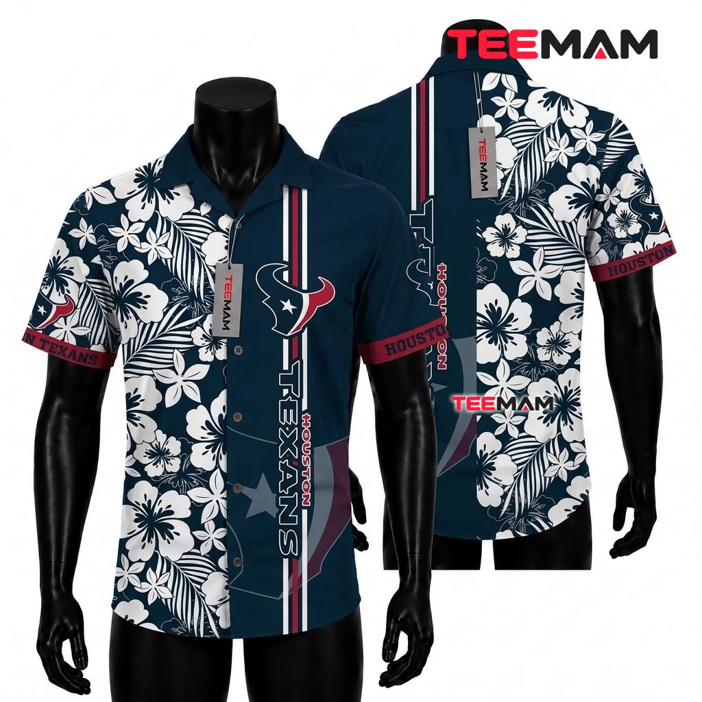 Houston Texans Hawaiian Shirt White Hibiscus Vertical Stripe Front