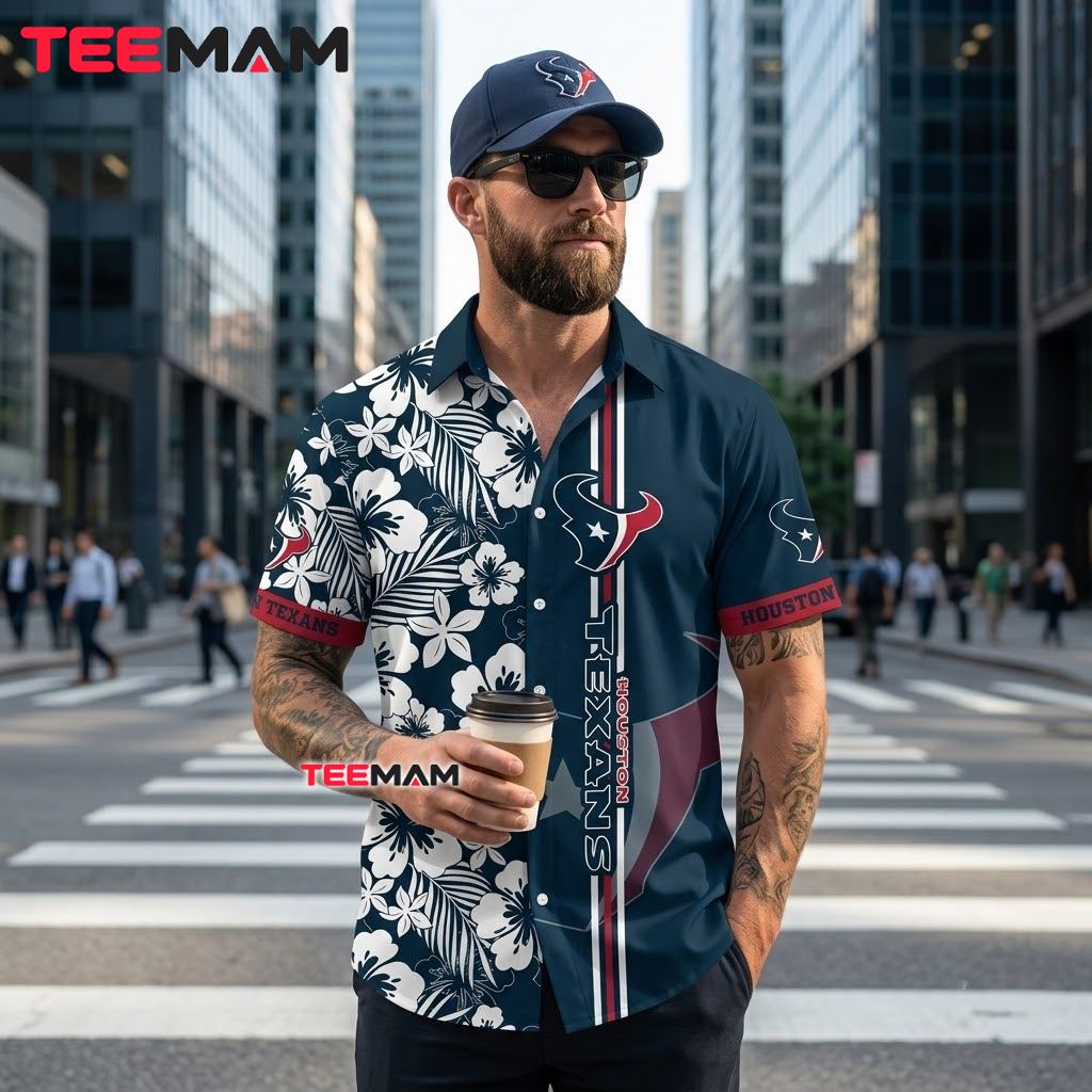Houston Texans Hawaiian Shirt White Hibiscus Vertical Stripe Back Houston Texans Hawaiian Shirt White Hibiscus Vertical Stripe Back