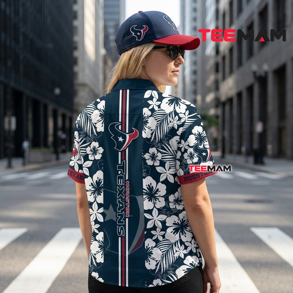Houston Texans Hawaiian Shirt White Hibiscus Vertical Stripe Version 3 Houston Texans Hawaiian Shirt White Hibiscus Vertical Stripe Version 3