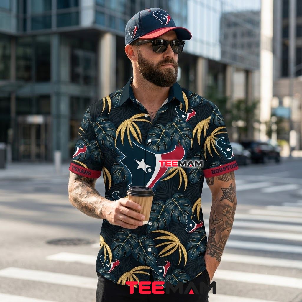 Houston Texans Tropical Shirt Golden Monstera Leaf Pattern Back Houston Texans Tropical Shirt Golden Monstera Leaf Pattern Back