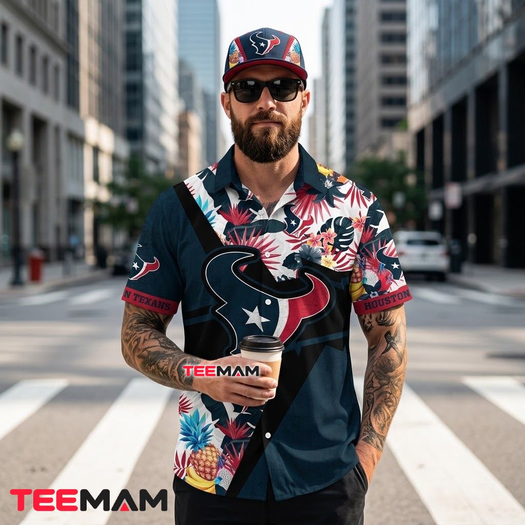 Houston Texans Tropical Shirt Zigzag Colorblock Tropical Fruit Back Houston Texans Tropical Shirt Zigzag Colorblock Tropical Fruit Back