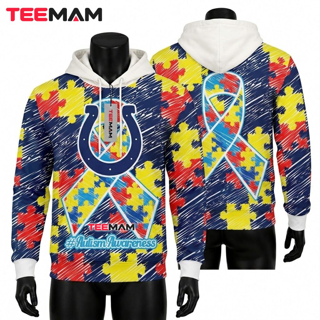 Indianapolis Colts 3D Hoodie Autism Awareness Puzzle Ribbon Front