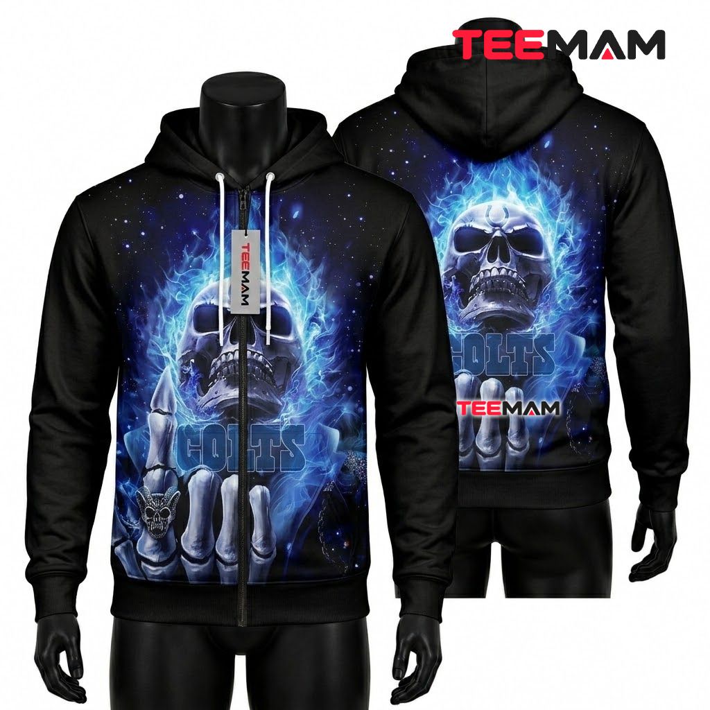 Indianapolis Colts 3D Hoodie Blue Flame Skull Front
