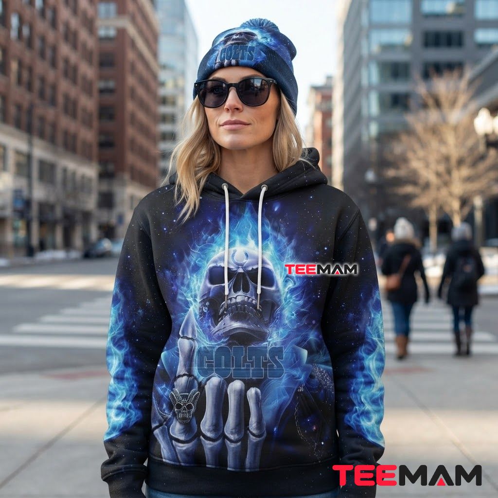 Indianapolis Colts 3D Hoodie Blue Flame Skull Back Indianapolis Colts 3D Hoodie Blue Flame Skull Back