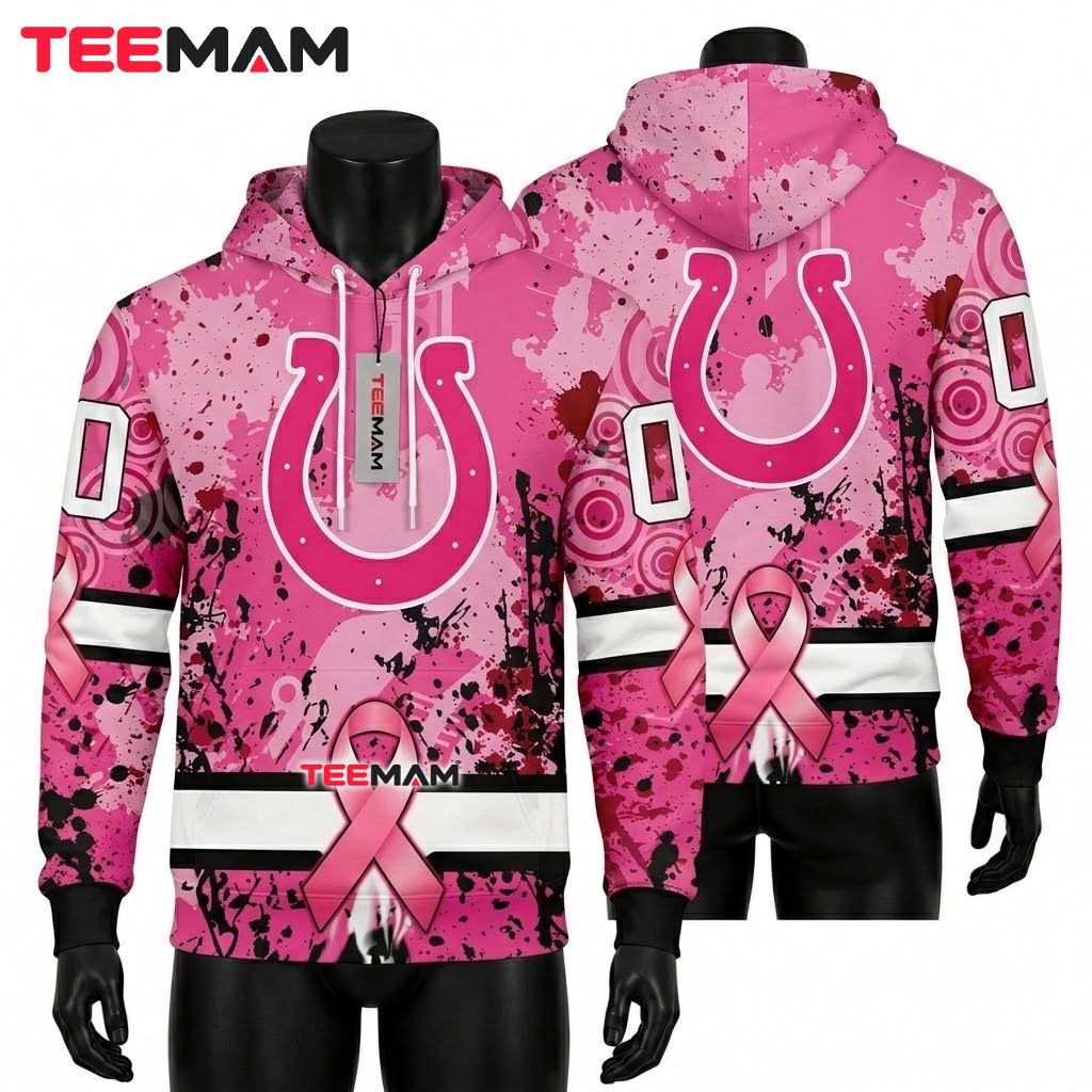 Indianapolis Colts 3D Hoodie Breast Cancer Pink Ribbon Front