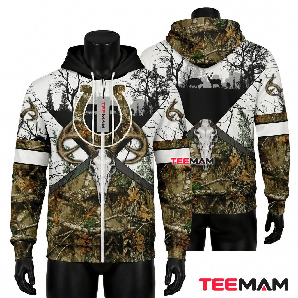 Indianapolis Colts 3D Hoodie Deer Skull Forest Camo Front