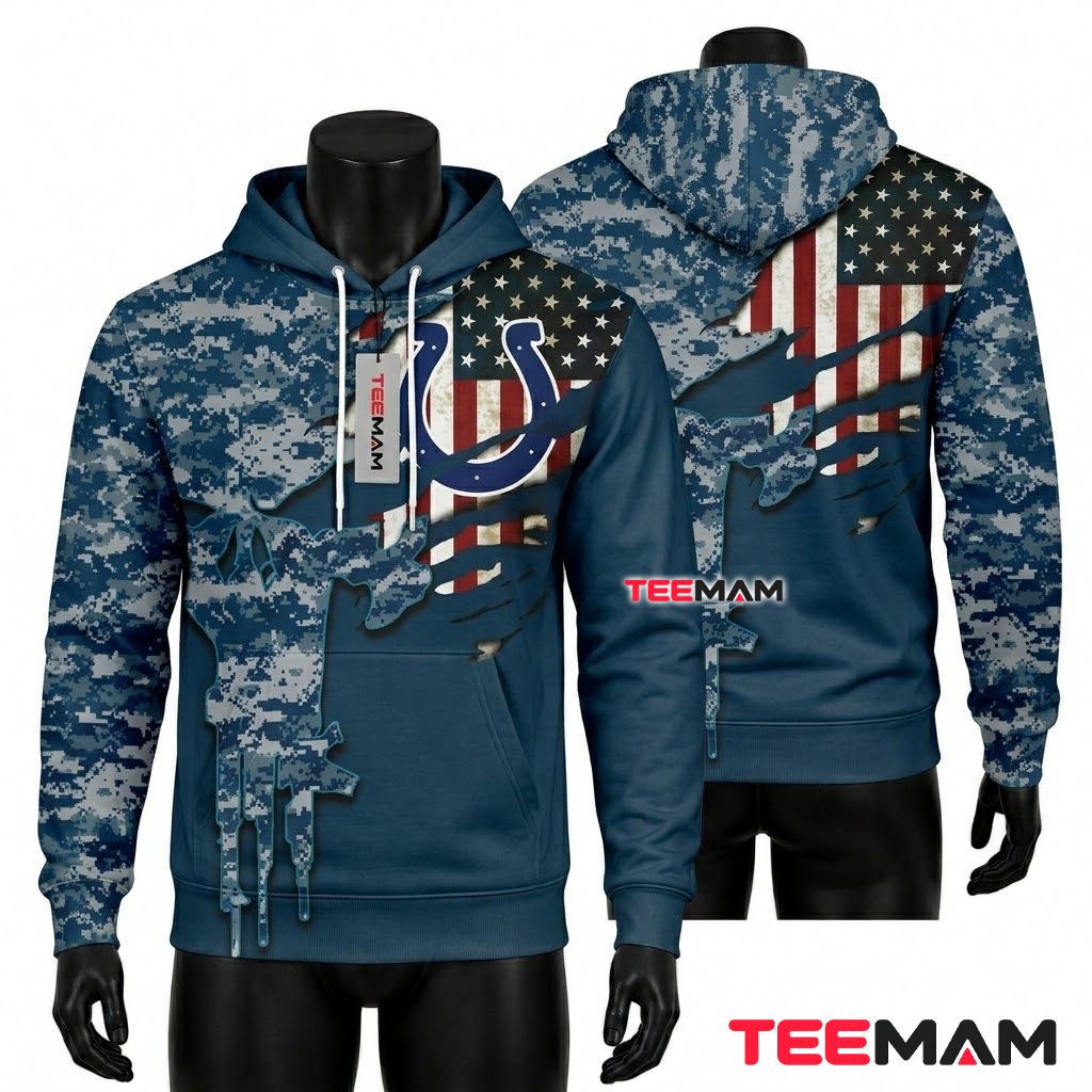 Indianapolis Colts 3D Hoodie Digital Camo Torn Flag Front