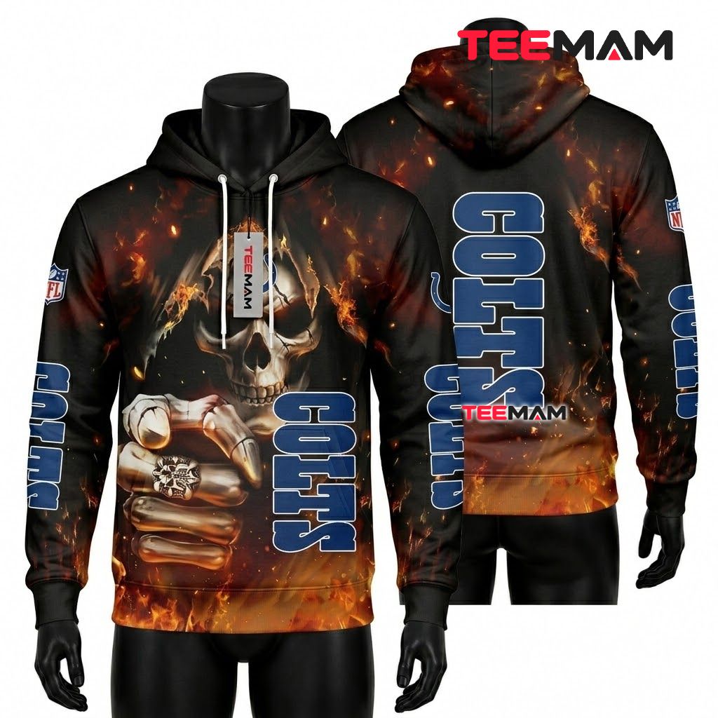 Indianapolis Colts 3D Hoodie Flaming Skull Fist Design Front