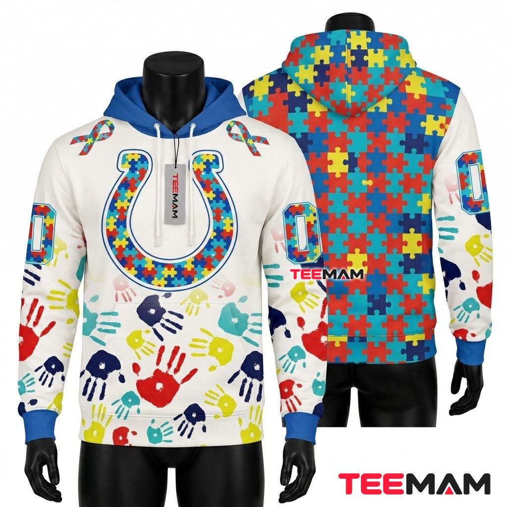 Indianapolis Colts 3D Hoodie Handprint Autism Ribbon Front