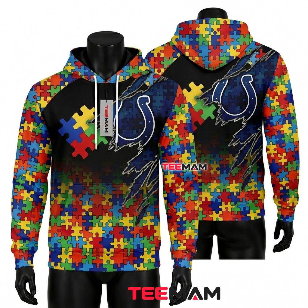 Indianapolis Colts 3D Hoodie Rainbow Puzzle Piece Border Front